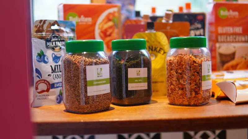 Products displayed at a trade showcase